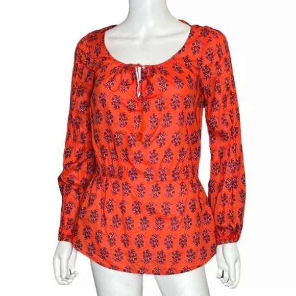 TORY BURCH "Evelina" 100% Cotton Floral Peasant Long SLV Boho/Office Tunic Top 2 - Picture 1 of 16
